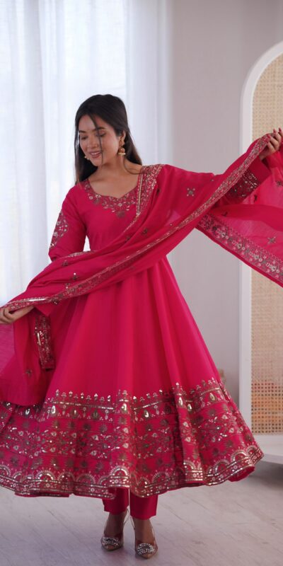 ZF 5016 Pink Roman Silk Gown with Embroidery Work. Wedding, Party, Festive, Events, Navratri, Exclusive Offer ₹2499. Delivery 4-6 Working Days. Shop now. | Gowns, Bollywood Gowns, Creative Gowns, Designer Gowns, Embroidered Gowns, Party Wear Gowns