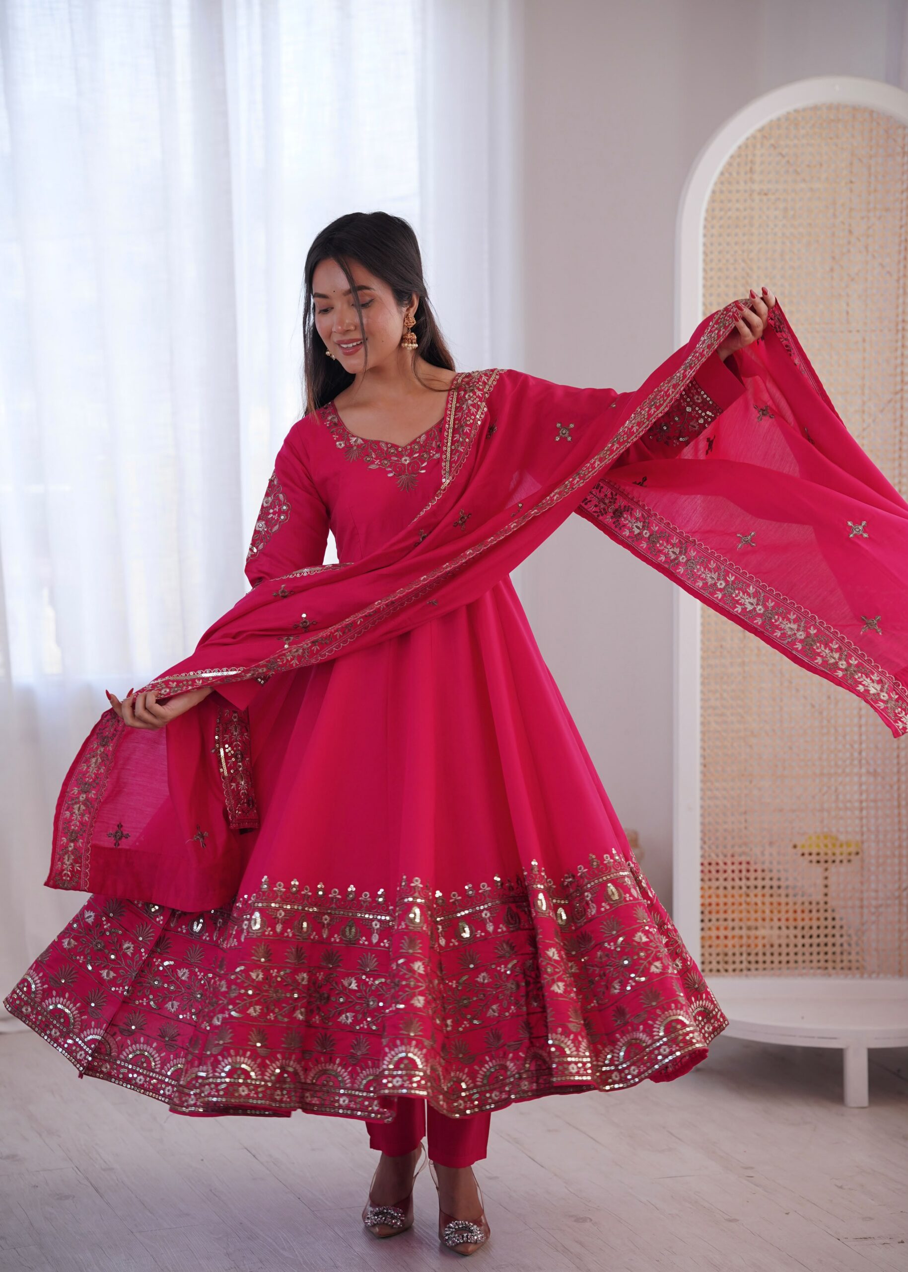 ZF 5016 Pink Roman Silk Gown with Embroidery Work. Wedding, Party, Festive, Events, Navratri, Exclusive Offer ₹2499. Delivery 4-6 Working Days. Shop now. | Gowns, Bollywood Gowns, Creative Gowns, Designer Gowns, Embroidered Gowns, Party Wear Gowns