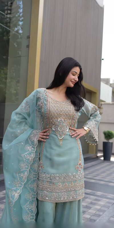 NSR 904 Dusty Blue Faux Georgette Salwar Suit with Mirror Work & Embroidery Work. Get it for ₹2399. Delivery 4-6 Working Days. Shop now. | Jump Suits, Salwar suit, Casual Suits, Creative suits, Designer Suits, Palazzo Suits, Party Wear Suits, Patiala Suits, Straight Suits