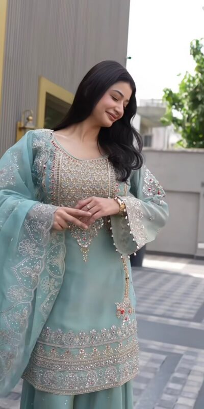 NSR 904 Dusty Blue Faux Georgette Salwar Suit with Mirror Work & Embroidery Work. Get it for ₹2399. Delivery 4-6 Working Days. Shop now. | Jump Suits, Salwar suit, Casual Suits, Creative suits, Designer Suits, Palazzo Suits, Party Wear Suits, Patiala Suits, Straight Suits