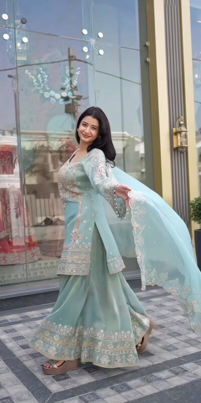 NSR 904 Dusty Blue Faux Georgette Salwar Suit with Mirror Work & Embroidery Work. Get it for ₹2399. Delivery 4-6 Working Days. Shop now. | Jump Suits, Salwar suit, Casual Suits, Creative suits, Designer Suits, Palazzo Suits, Party Wear Suits, Patiala Suits, Straight Suits