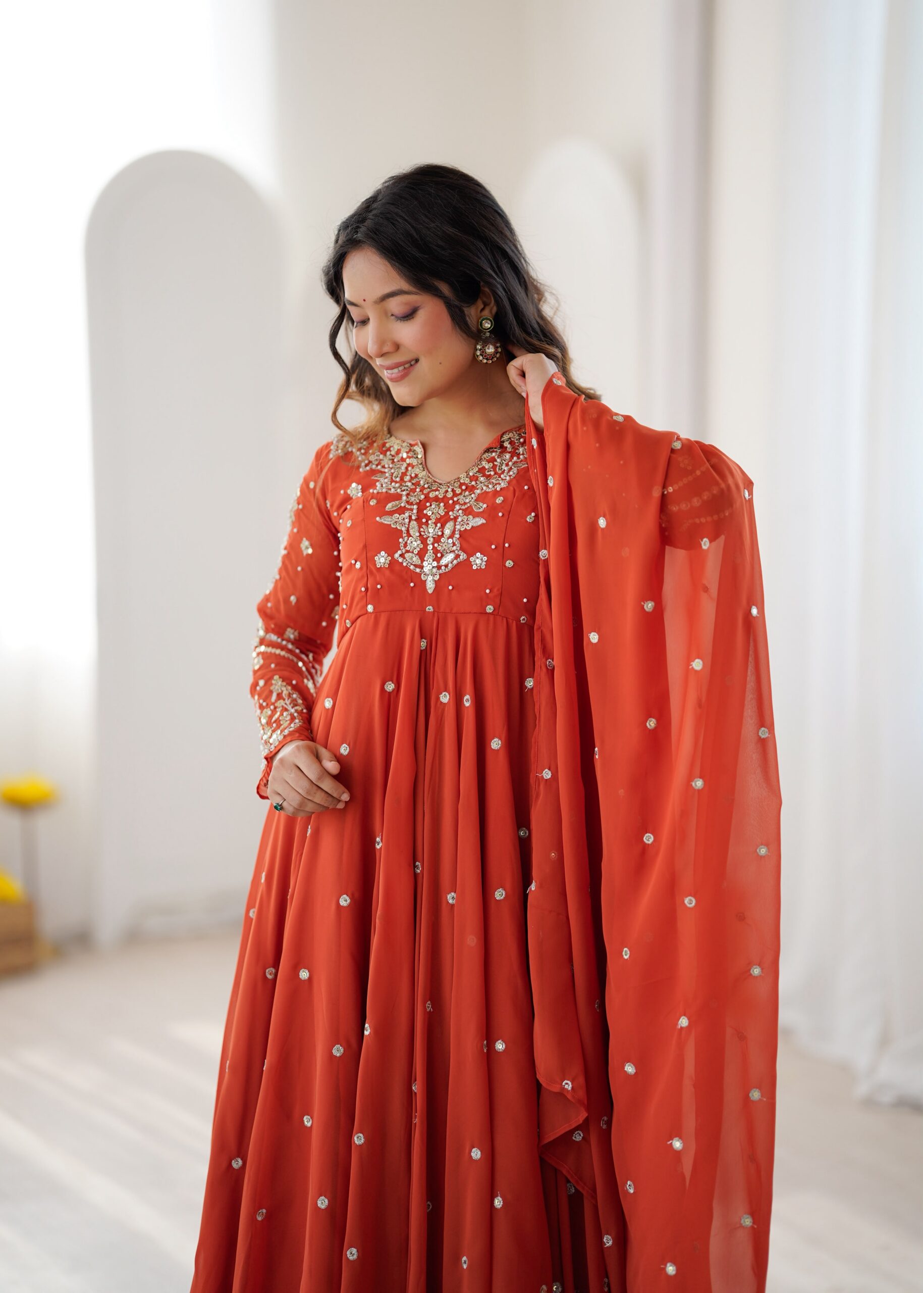 JF 056 Orange Faux Georgette Salwar Suit with Mirror Work & Embroidery Work. Get it for ₹2349. Delivery 4-6 Working Days. Shop now. | Jump Suits, Salwar suit, Casual Suits, Creative suits, Designer Suits, Palazzo Suits, Party Wear Suits, Patiala Suits, Straight Suits