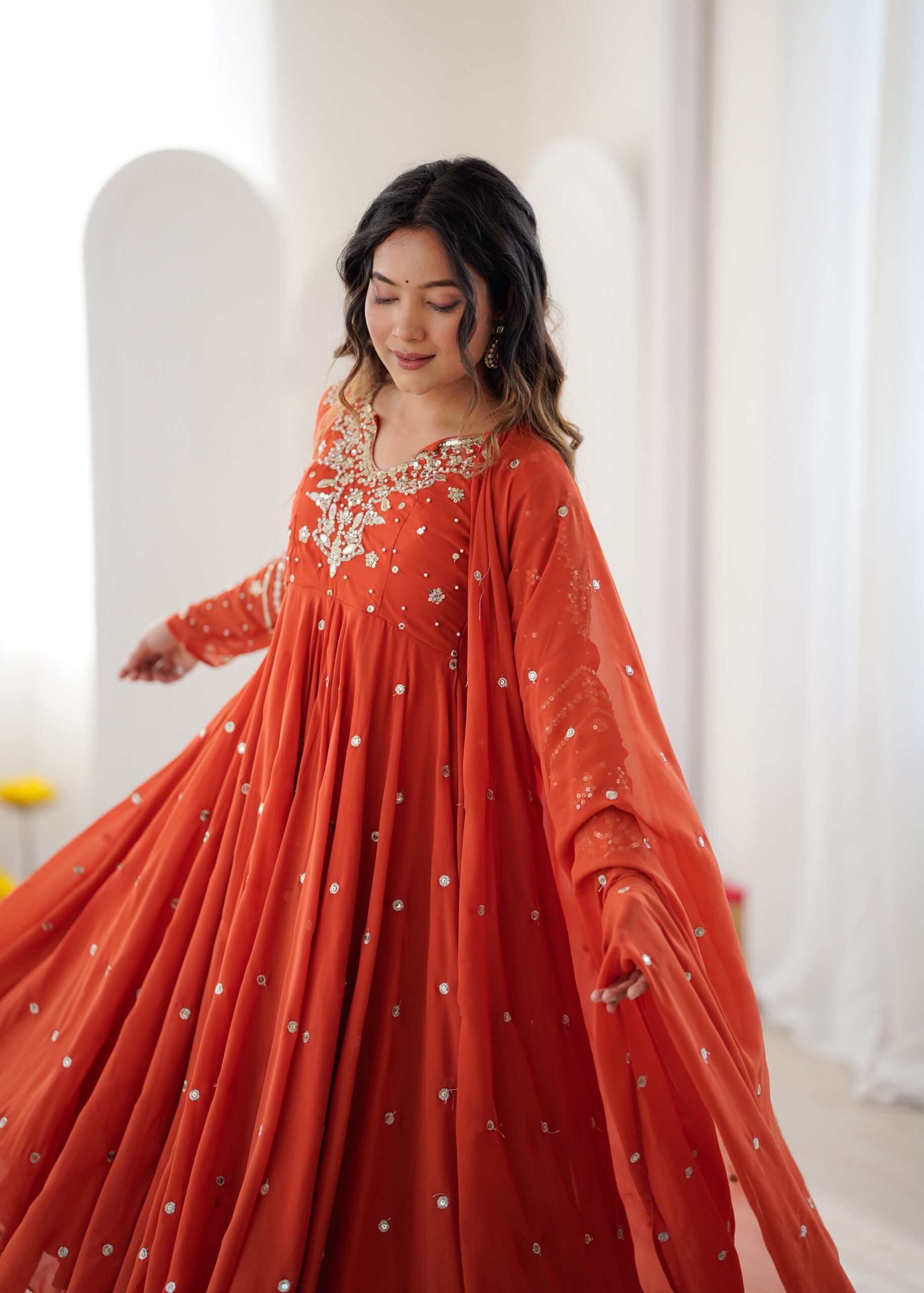 JF 056 Orange Faux Georgette Salwar Suit with Mirror Work & Embroidery Work. Get it for ₹2349. Delivery 4-6 Working Days. Shop now. | Jump Suits, Salwar suit, Casual Suits, Creative suits, Designer Suits, Palazzo Suits, Party Wear Suits, Patiala Suits, Straight Suits
