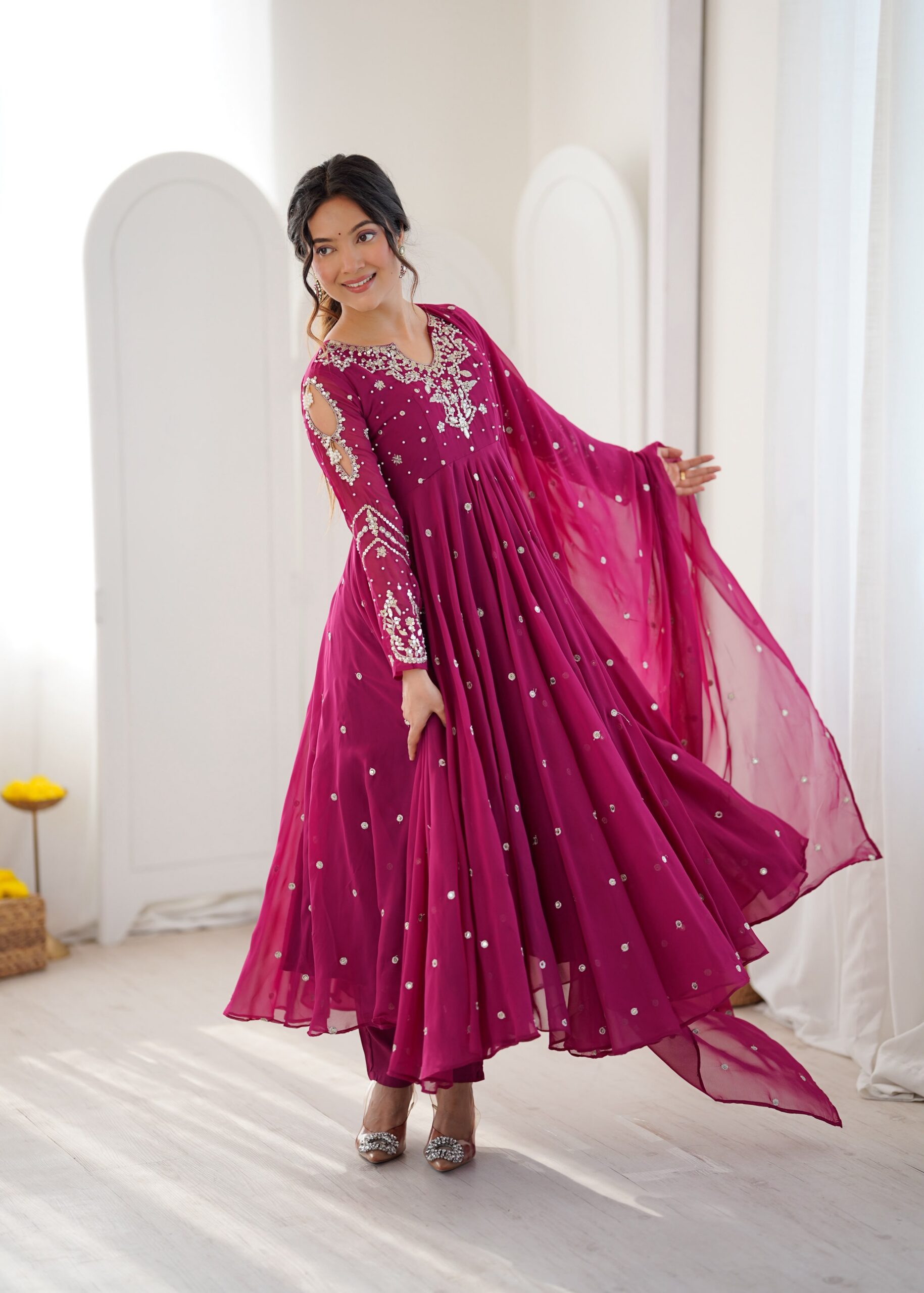 JF 056 Pink Faux Georgette Salwar Suit with Mirror Work & Embroidery Work. Get it for ₹2349. Delivery 4-6 Working Days. Shop now. | Jump Suits, Salwar suit, Casual Suits, Creative suits, Designer Suits, Palazzo Suits, Party Wear Suits, Patiala Suits, Straight Suits