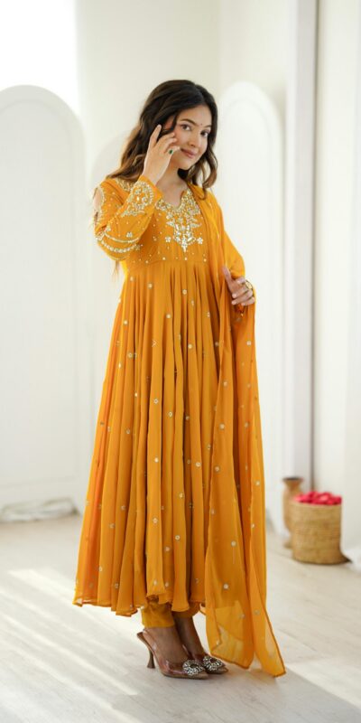 JF 056 Yellow Faux Georgette Salwar Suit with Mirror Work & Embroidery Work. Get it for ₹2349. Delivery 4-6 Working Days. Shop now. | Jump Suits, Salwar suit, Casual Suits, Creative suits, Designer Suits, Palazzo Suits, Party Wear Suits, Patiala Suits, Straight Suits