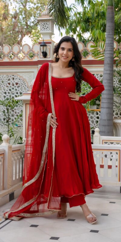 KD 1643 Red | Faux Georgette Salwar Suit with Lace Work & Digital Print. Introductory Price ₹2249. Delivery 4-6 Working Days. Shop now. | Anarkali Suits, Bollywood Anarkali, Creative-Anarkali, Designer Anarkali, Embroidered Anarkali, Party Wear Anarkali, Salwar suit