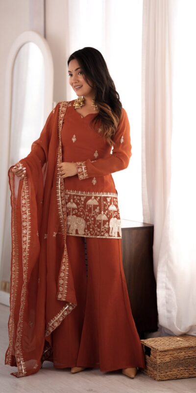 KB 311 Rust Crunchy Silk Salwar Suit with Embroidery Work & Sequins Work. Exclusive Offer ₹2049. Delivery 4-6 Working Days. Shop now. | Jump Suits, Salwar suit, Casual Suits, Creative suits, Designer Suits, Palazzo Suits, Party Wear Suits, Patiala Suits, Straight Suits