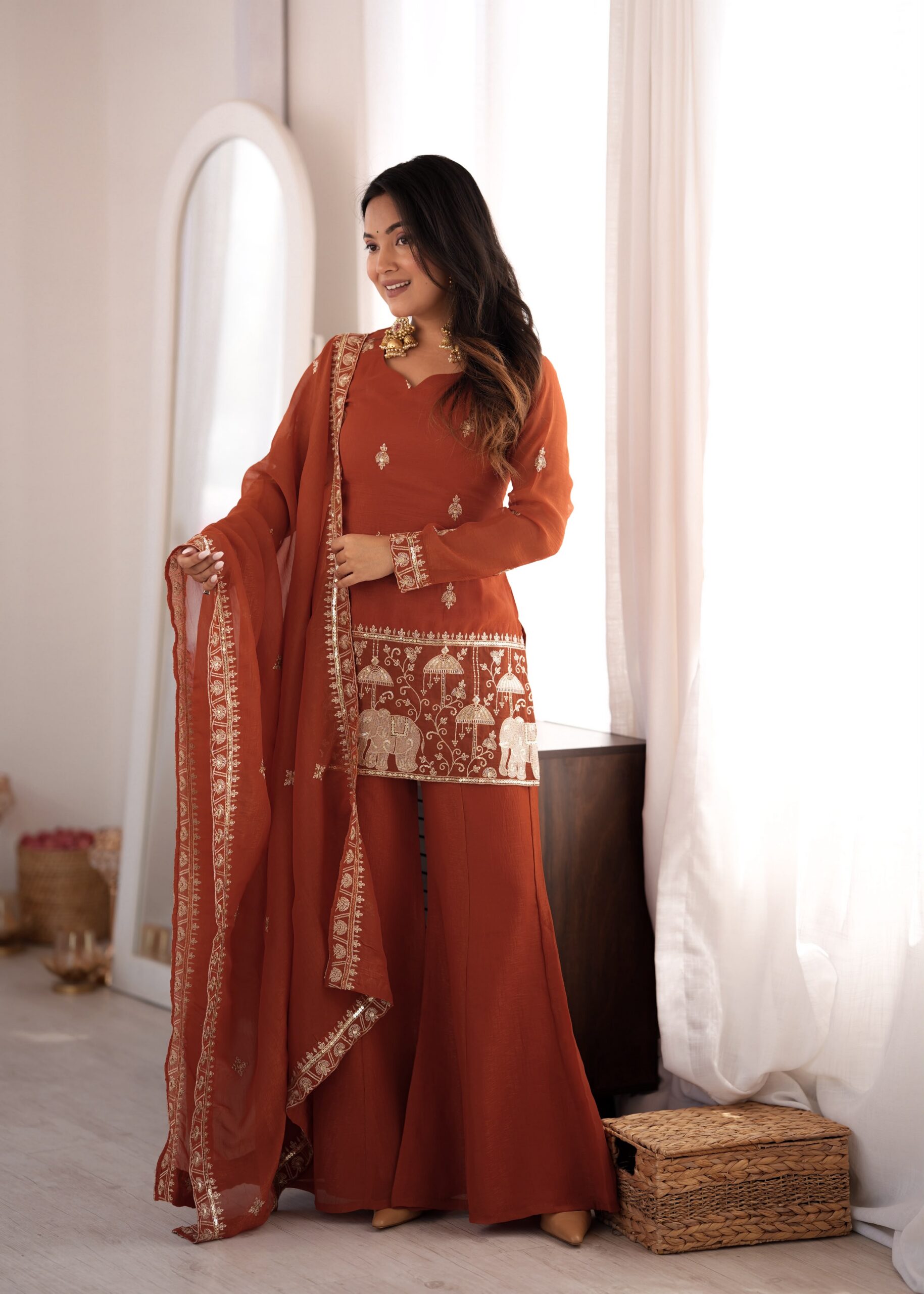 KB 311 Rust Crunchy Silk Salwar Suit with Embroidery Work & Sequins Work. Exclusive Offer ₹2049. Delivery 4-6 Working Days. Shop now. | Jump Suits, Salwar suit, Casual Suits, Creative suits, Designer Suits, Palazzo Suits, Party Wear Suits, Patiala Suits, Straight Suits
