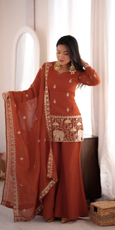 KB 311 Rust Crunchy Silk Salwar Suit with Embroidery Work & Sequins Work. Exclusive Offer ₹2049. Delivery 4-6 Working Days. Shop now. | Jump Suits, Salwar suit, Casual Suits, Creative suits, Designer Suits, Palazzo Suits, Party Wear Suits, Patiala Suits, Straight Suits