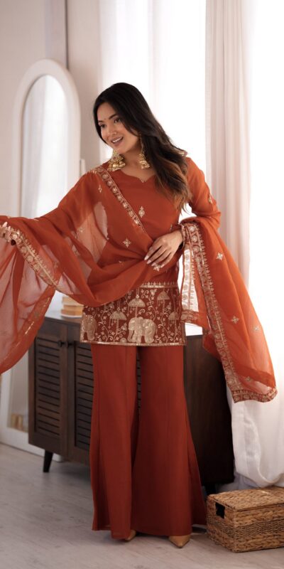 KB 311 Rust Crunchy Silk Salwar Suit with Embroidery Work & Sequins Work. Exclusive Offer ₹2049. Delivery 4-6 Working Days. Shop now. | Jump Suits, Salwar suit, Casual Suits, Creative suits, Designer Suits, Palazzo Suits, Party Wear Suits, Patiala Suits, Straight Suits