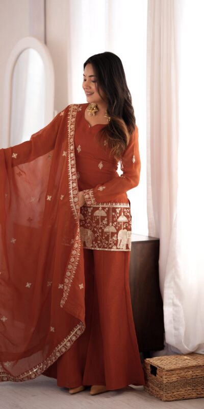 KB 311 Rust Crunchy Silk Salwar Suit with Embroidery Work & Sequins Work. Exclusive Offer ₹2049. Delivery 4-6 Working Days. Shop now. | Jump Suits, Salwar suit, Casual Suits, Creative suits, Designer Suits, Palazzo Suits, Party Wear Suits, Patiala Suits, Straight Suits