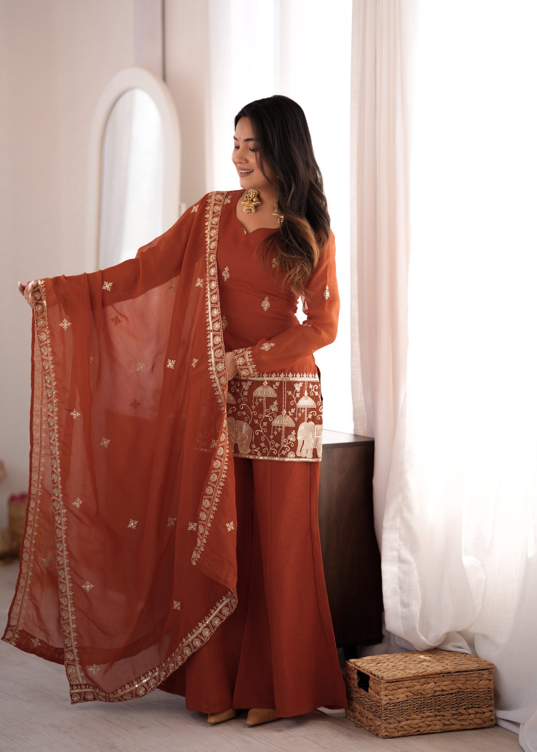 KB 311 Rust Crunchy Silk Salwar Suit with Embroidery Work & Sequins Work. Exclusive Offer ₹2049. Delivery 4-6 Working Days. Shop now. | Jump Suits, Salwar suit, Casual Suits, Creative suits, Designer Suits, Palazzo Suits, Party Wear Suits, Patiala Suits, Straight Suits
