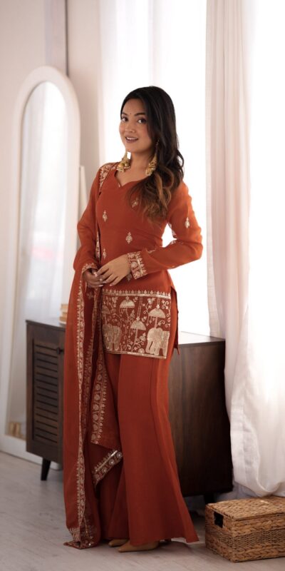 KB 311 Rust Crunchy Silk Salwar Suit with Embroidery Work & Sequins Work. Exclusive Offer ₹2049. Delivery 4-6 Working Days. Shop now. | Jump Suits, Salwar suit, Casual Suits, Creative suits, Designer Suits, Palazzo Suits, Party Wear Suits, Patiala Suits, Straight Suits