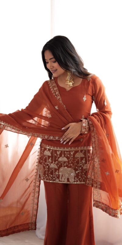 KB 311 Rust Crunchy Silk Salwar Suit with Embroidery Work & Sequins Work. Exclusive Offer ₹2049. Delivery 4-6 Working Days. Shop now. | Jump Suits, Salwar suit, Casual Suits, Creative suits, Designer Suits, Palazzo Suits, Party Wear Suits, Patiala Suits, Straight Suits