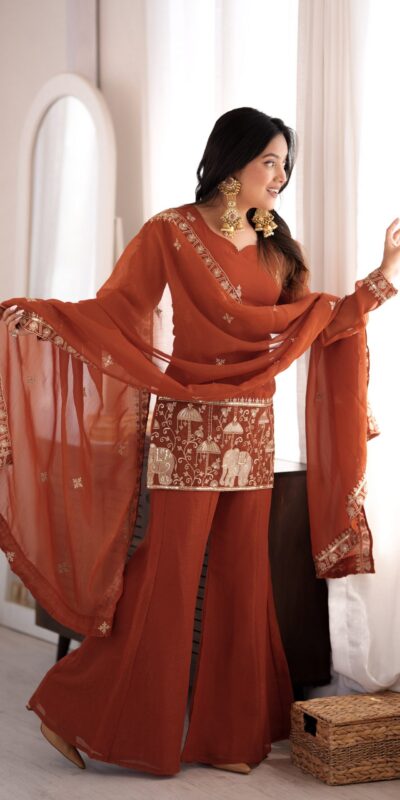 KB 311 Rust Crunchy Silk Salwar Suit with Embroidery Work & Sequins Work. Exclusive Offer ₹2049. Delivery 4-6 Working Days. Shop now. | Jump Suits, Salwar suit, Casual Suits, Creative suits, Designer Suits, Palazzo Suits, Party Wear Suits, Patiala Suits, Straight Suits