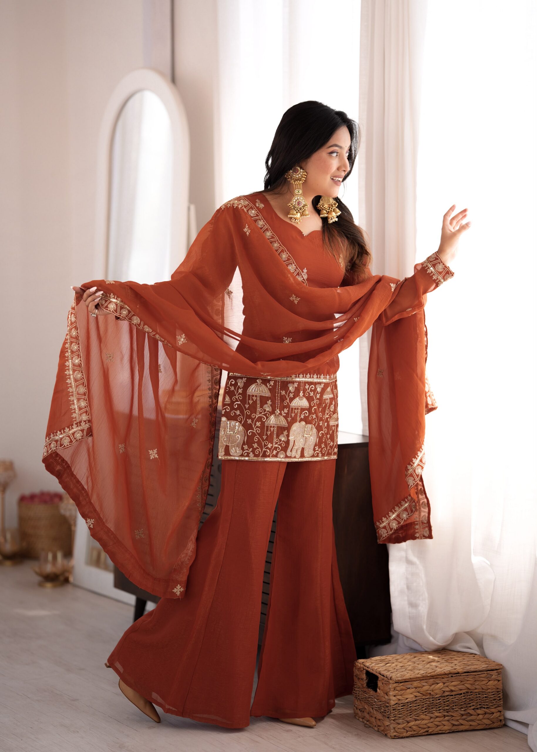 KB 311 Rust Crunchy Silk Salwar Suit with Embroidery Work & Sequins Work. Exclusive Offer ₹2049. Delivery 4-6 Working Days. Shop now. | Jump Suits, Salwar suit, Casual Suits, Creative suits, Designer Suits, Palazzo Suits, Party Wear Suits, Patiala Suits, Straight Suits