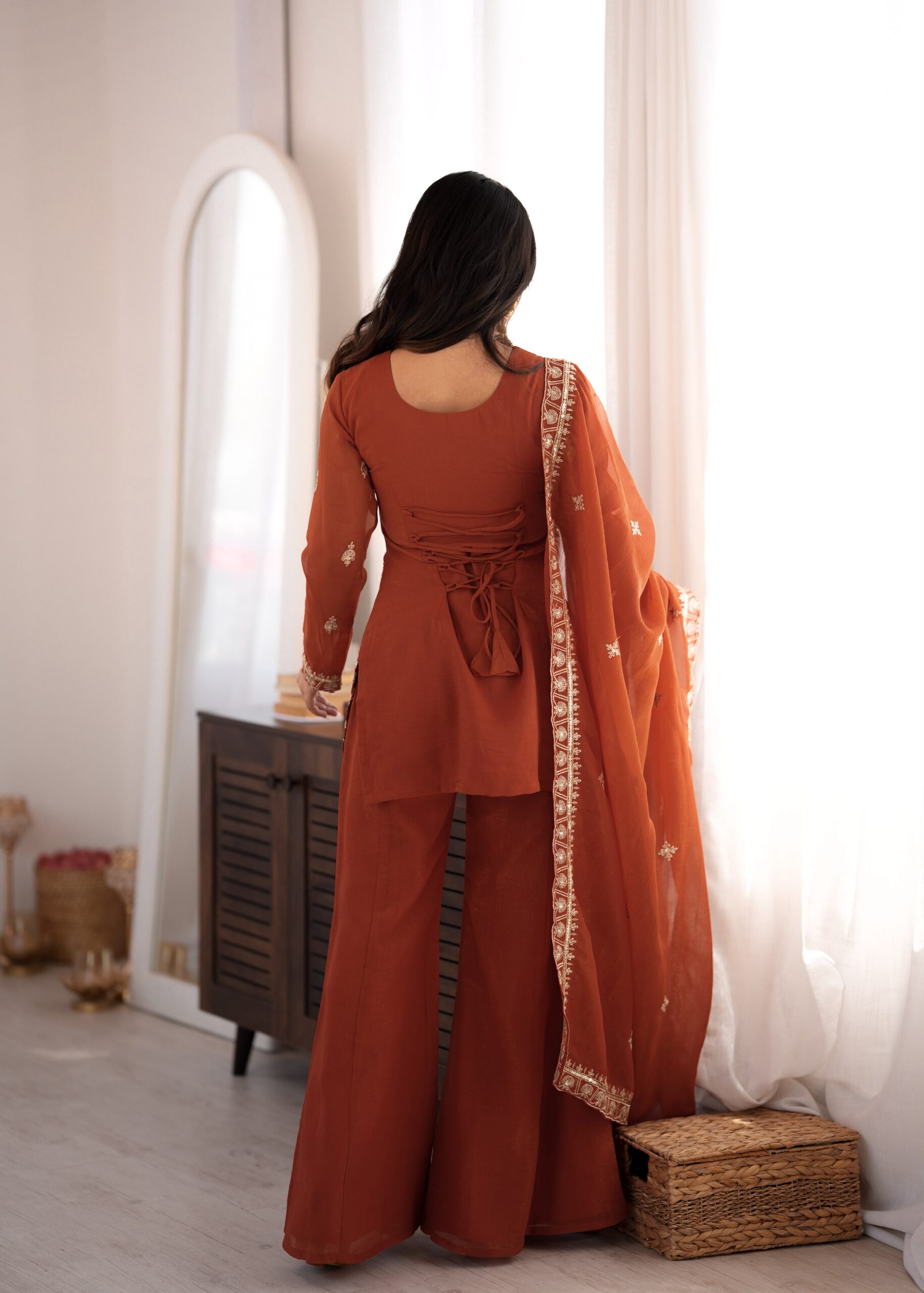 KB 311 Rust Crunchy Silk Salwar Suit with Embroidery Work & Sequins Work. Exclusive Offer ₹2049. Delivery 4-6 Working Days. Shop now. | Jump Suits, Salwar suit, Casual Suits, Creative suits, Designer Suits, Palazzo Suits, Party Wear Suits, Patiala Suits, Straight Suits