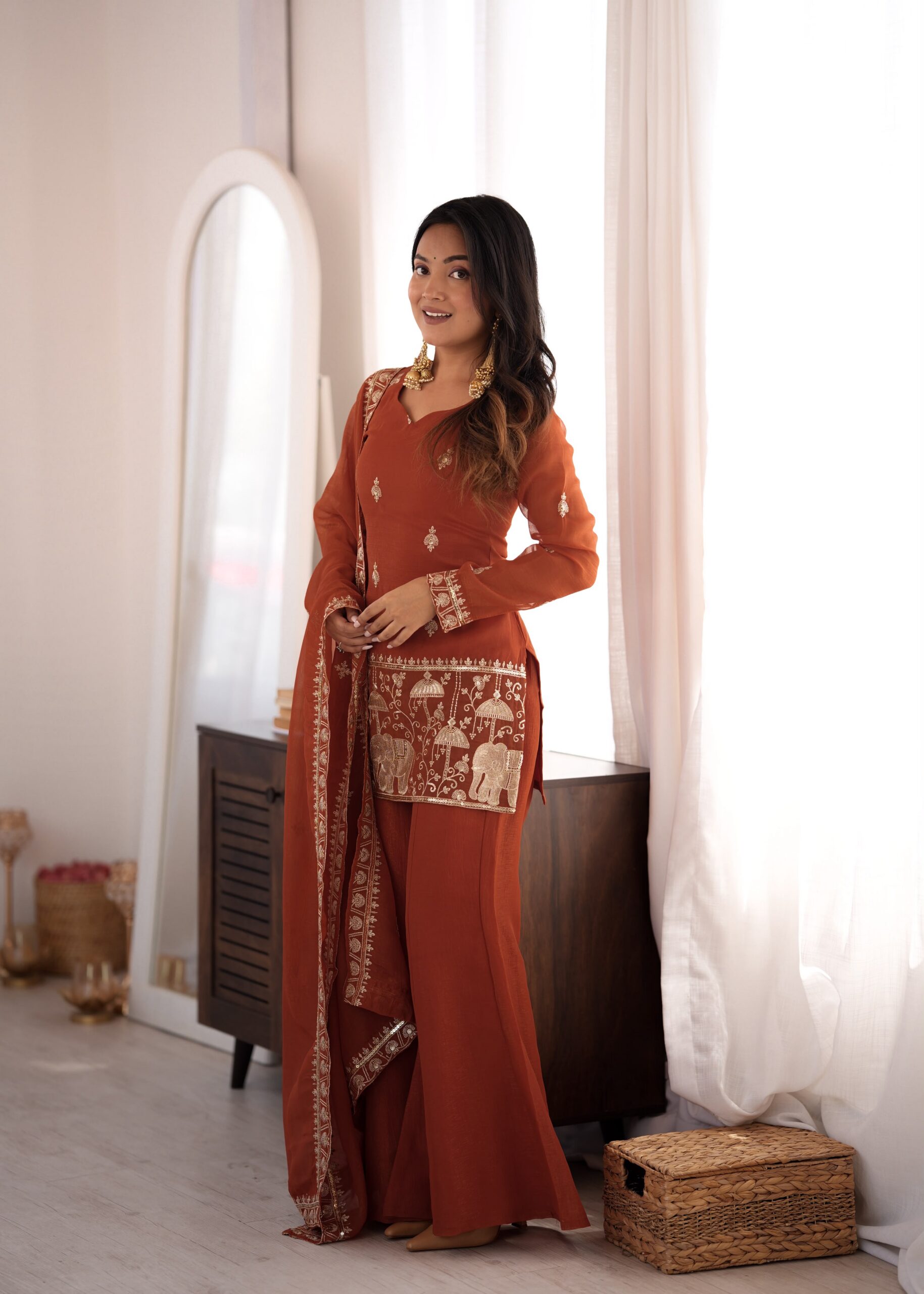 KB 311 Rust Crunchy Silk Salwar Suit with Embroidery Work & Sequins Work. Exclusive Offer ₹2049. Delivery 4-6 Working Days. Shop now. | Jump Suits, Salwar suit, Casual Suits, Creative suits, Designer Suits, Palazzo Suits, Party Wear Suits, Patiala Suits, Straight Suits