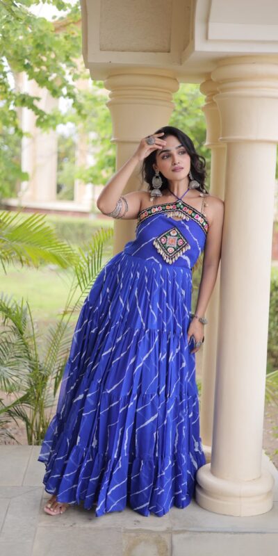 KA 1270 Blue in Colour Faux Georgette Bandhani Print Work Gown. Available at ₹2019 only. Delivery 4-6 Working Days. Shop now. | Gowns, Bollywood Gowns, Creative Gowns, Designer Gowns, Embroidered Gowns, Party Wear Gowns