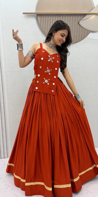 PC 581 Rust Color Pure Cotton Lehenga Choli with Cowrie Work. Festive Deal ₹2999. Delivery 4-6 Working Days. Online Shop now. | Lehenga, Bollywood Lehenga, Creative Lehenga, Designer Lehenga, Embroidered Lehenga, Party Wear Lehenga