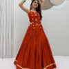 PC 581 Rust Color Pure Cotton Lehenga Choli with Cowrie Work. Festive Deal ₹2999. Delivery 4-6 Working Days. Online Shop now. | Lehenga, Bollywood Lehenga, Creative Lehenga, Designer Lehenga, Embroidered Lehenga, Party Wear Lehenga
