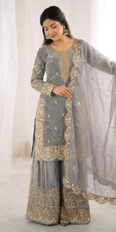 ZSR 3167 Grey Fendy Silk Salwar Suitwith Embroidery Work & Lace Work. Now at just ₹2149. Delivery 4-6 Working Days. Shop now. | Jump Suits, Salwar suit, Casual Suits, Creative suits, Designer Suits, Palazzo Suits, Party Wear Suits, Patiala Suits, Straight Suits