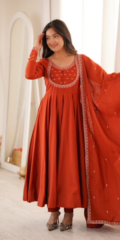 KB 312 Rust Roman Silk Chanderi Anarkali Suit with Thread Embroidery & Embroidery Work. Special Price ₹2299. Delivery 4-6 Working Days. Shop now. | Anarkali Suits, Bollywood Anarkali, Creative-Anarkali, Designer Anarkali, Embroidered Anarkali, Party Wear Anarkali