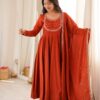 KB 312 Rust Roman Silk Chanderi Anarkali Suit with Thread Embroidery & Embroidery Work. Special Price ₹2299. Delivery 4-6 Working Days. Shop now. | Anarkali Suits, Bollywood Anarkali, Creative-Anarkali, Designer Anarkali, Embroidered Anarkali, Party Wear Anarkali
