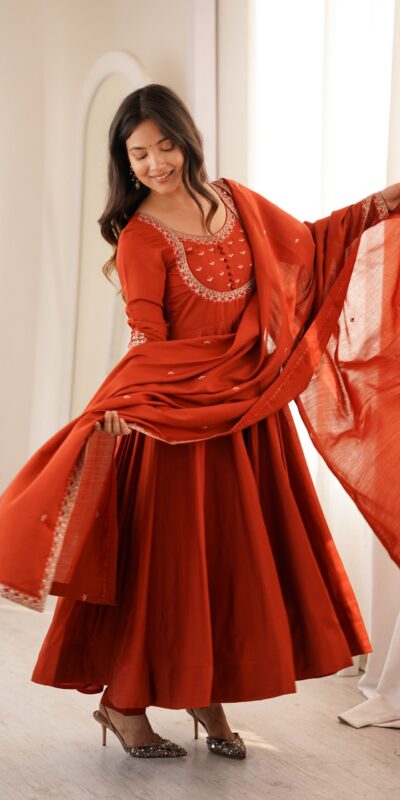 KB 312 Rust Roman Silk Chanderi Anarkali Suit with Thread Embroidery & Embroidery Work. Special Price ₹2299. Delivery 4-6 Working Days. Shop now. | Anarkali Suits, Bollywood Anarkali, Creative-Anarkali, Designer Anarkali, Embroidered Anarkali, Party Wear Anarkali