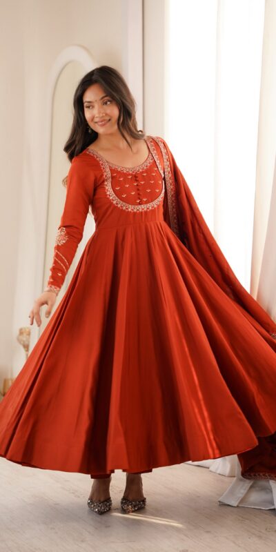 KB 312 Rust Roman Silk Chanderi Anarkali Suit with Thread Embroidery & Embroidery Work. Special Price ₹2299. Delivery 4-6 Working Days. Shop now. | Anarkali Suits, Bollywood Anarkali, Creative-Anarkali, Designer Anarkali, Embroidered Anarkali, Party Wear Anarkali