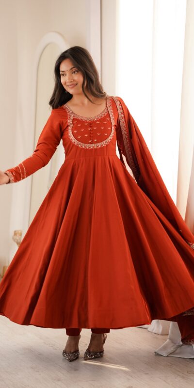 KB 312 Rust Roman Silk Chanderi Anarkali Suit with Thread Embroidery & Embroidery Work. Special Price ₹2299. Delivery 4-6 Working Days. Shop now. | Anarkali Suits, Bollywood Anarkali, Creative-Anarkali, Designer Anarkali, Embroidered Anarkali, Party Wear Anarkali