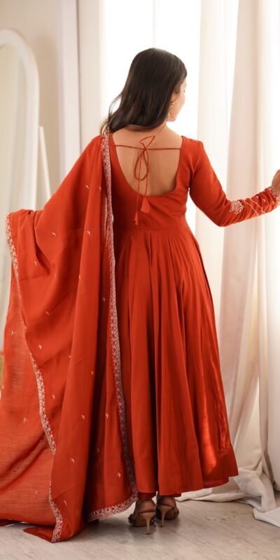 KB 312 Rust Roman Silk Chanderi Anarkali Suit with Thread Embroidery & Embroidery Work. Special Price ₹2299. Delivery 4-6 Working Days. Shop now. | Anarkali Suits, Bollywood Anarkali, Creative-Anarkali, Designer Anarkali, Embroidered Anarkali, Party Wear Anarkali