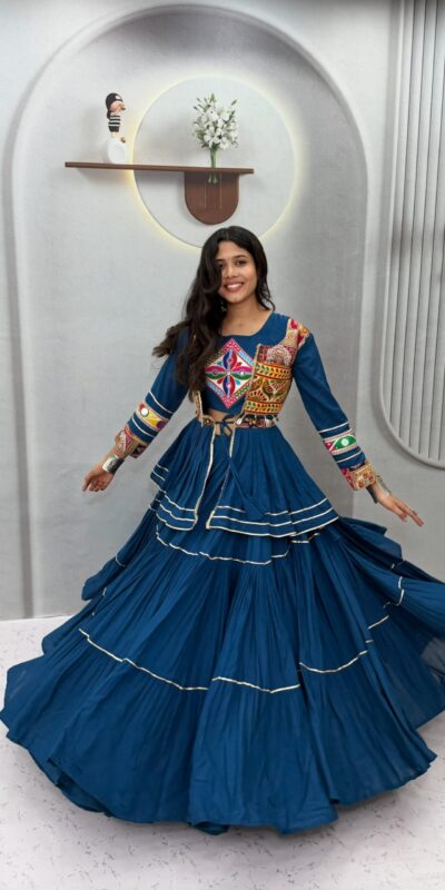 Ram 120 Teal in Pure Cotton Mirror Work & Gamthi Work Lehenga Choli . Exclusive Offer ₹3049. Delivery 4-6 Working Days. Shop now. | Lehenga, Bollywood Lehenga, Creative Lehenga, Designer Lehenga, Embroidered Lehenga, Party Wear Lehenga