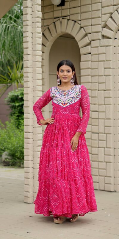 Ram 130 Pink in Colour Faux Georgette Bandhani Print Work Gown. Available at ₹1749 only. Delivery 4-6 Working Days. Shop now. | Gowns, Bollywood Gowns, Creative Gowns, Designer Gowns, Embroidered Gowns, Party Wear Gowns