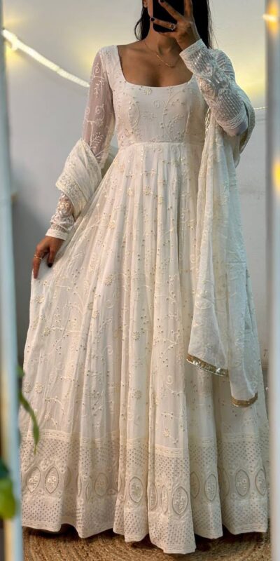 MD 306 White | Slim Georgette Salwar Suit with Sequins Work & Embroidery Work. Exclusive Offer ₹2849. Delivery 4-6 Working Days. Shop now. | Anarkali Suits, Bollywood Anarkali, Creative-Anarkali, Designer Anarkali, Embroidered Anarkali, Party Wear Anarkali