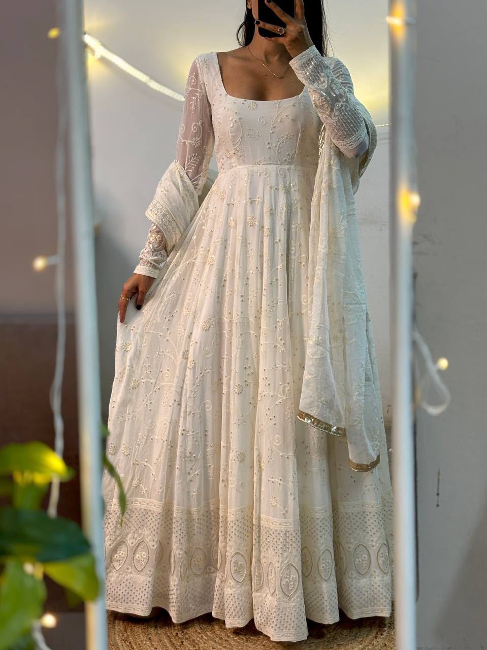 MD 306 White | Slim Georgette Salwar Suit with Sequins Work & Embroidery Work. Exclusive Offer ₹2849. Delivery 4-6 Working Days. Shop now. | Anarkali Suits, Bollywood Anarkali, Creative-Anarkali, Designer Anarkali, Embroidered Anarkali, Party Wear Anarkali
