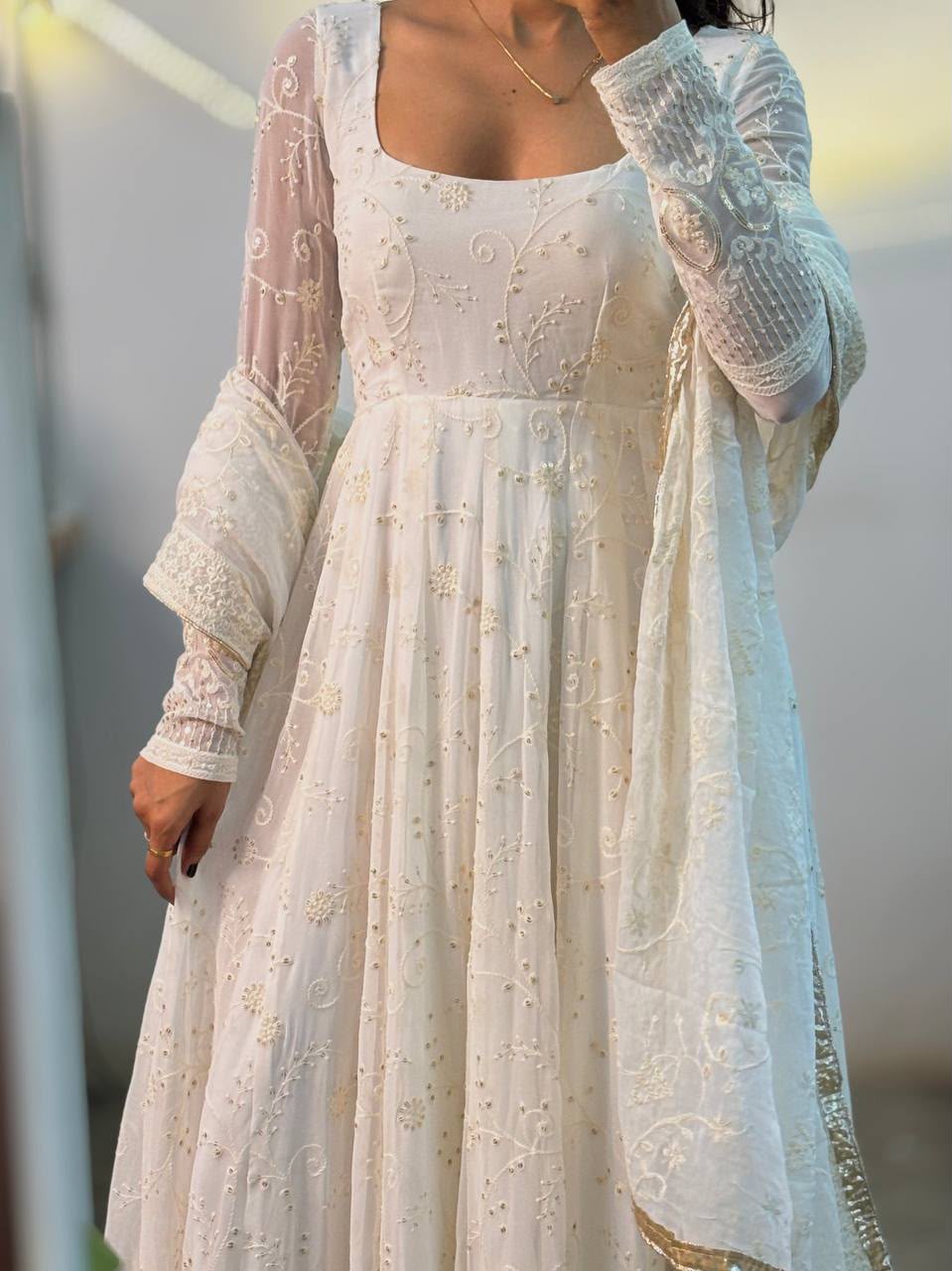 MD 306 White | Slim Georgette Salwar Suit with Sequins Work & Embroidery Work. Exclusive Offer ₹2849. Delivery 4-6 Working Days. Shop now. | Anarkali Suits, Bollywood Anarkali, Creative-Anarkali, Designer Anarkali, Embroidered Anarkali, Party Wear Anarkali