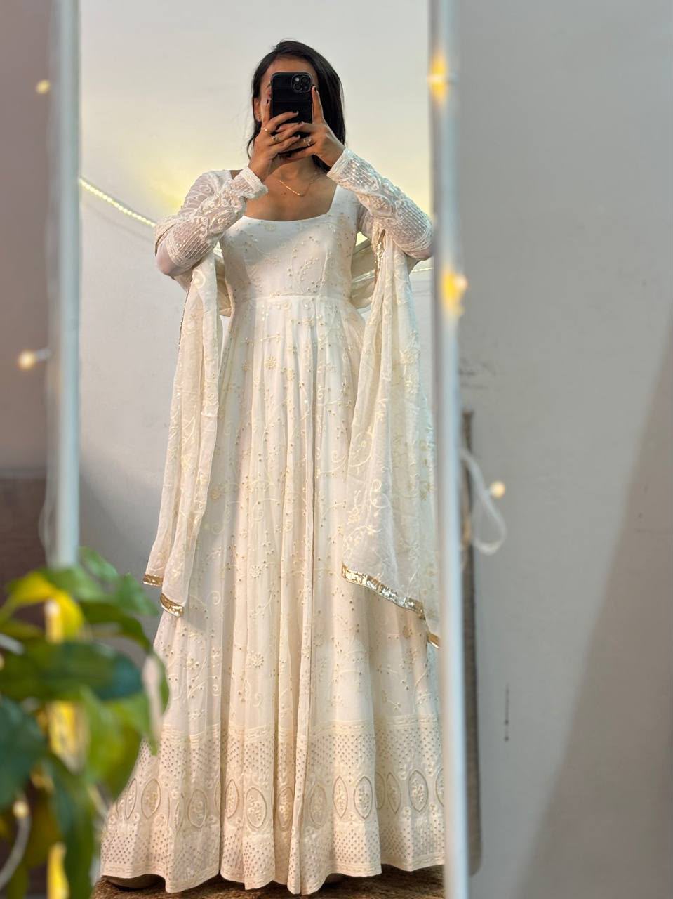 MD 306 White | Slim Georgette Salwar Suit with Sequins Work & Embroidery Work. Exclusive Offer ₹2849. Delivery 4-6 Working Days. Shop now. | Anarkali Suits, Bollywood Anarkali, Creative-Anarkali, Designer Anarkali, Embroidered Anarkali, Party Wear Anarkali