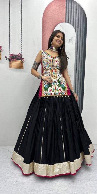 Aglow Black Pure Cotton Real Gamthi Work Lehenga Choli
