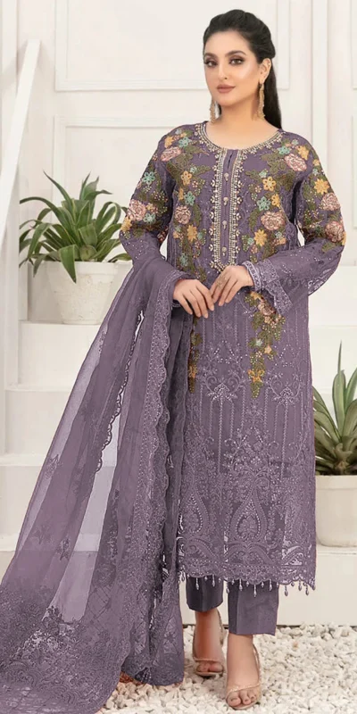Aglow Lavender Crunchy Embroidery Work Salwar Suit