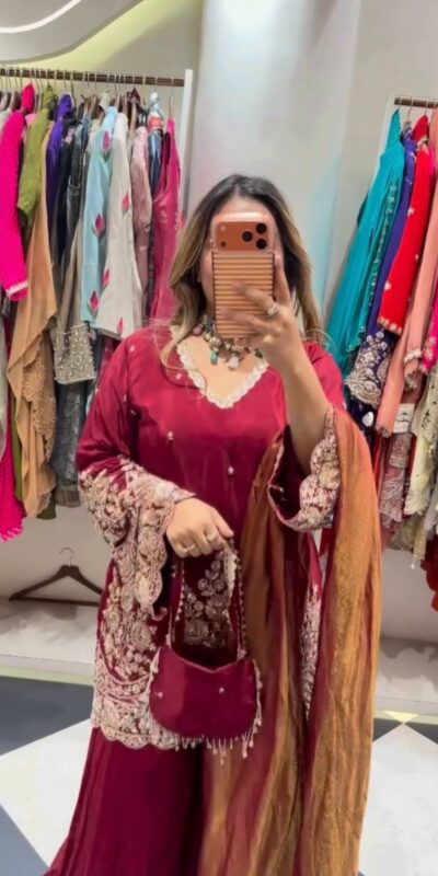 Aglow Maroon French Crep Silk Sequence Work Salwar Suit
