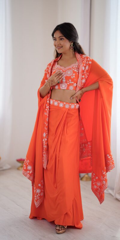 Aglow Orange French Crep Sequence Work Dhoti Suit