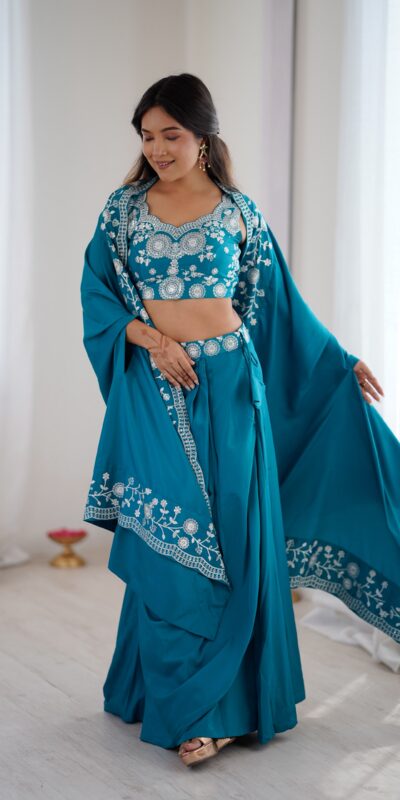 Aglow Teal French Crep Sequence Work Dhoti Suit