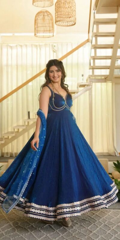 Fancy Blue Fendy Silk Sequins Work Gown