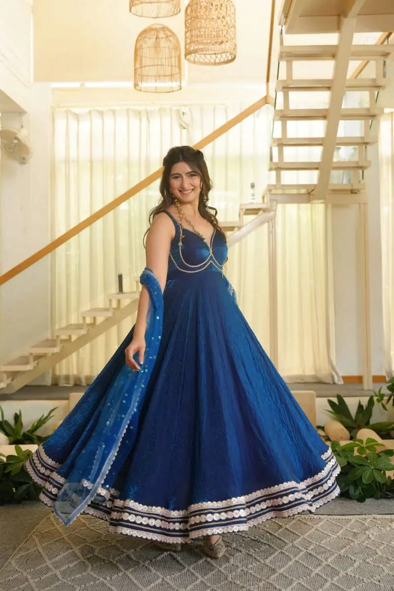 Fancy Blue Fendy Silk Sequins Work Gown