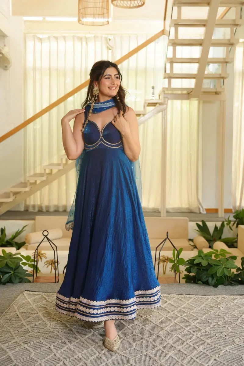 Fancy Blue Fendy Silk Sequins Work Gown