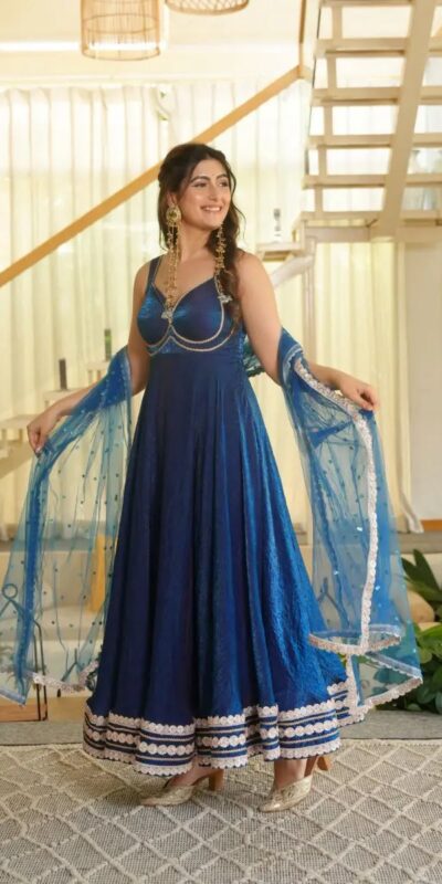 Fancy Blue Fendy Silk Sequins Work Gown