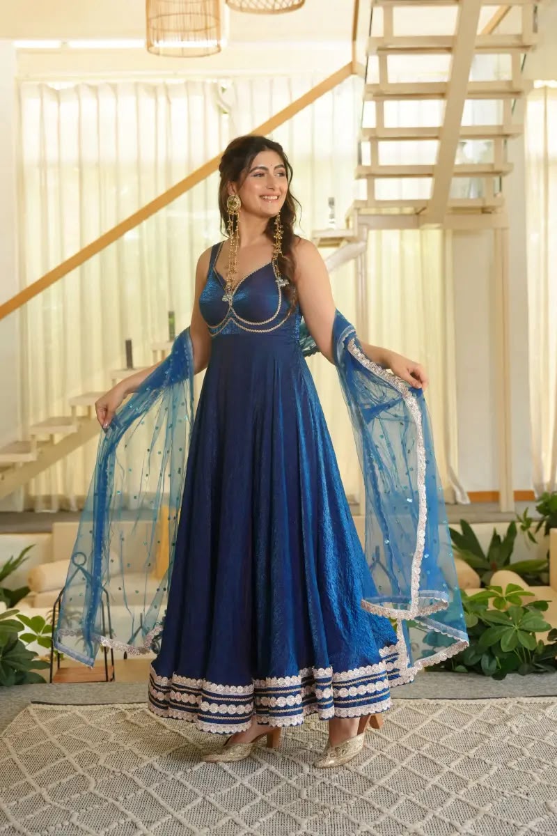 Fancy Blue Fendy Silk Sequins Work Gown