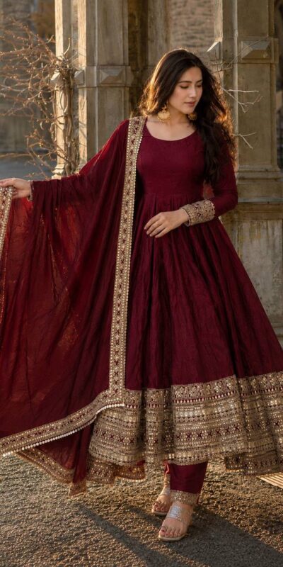 Fancy Maroon Fendy Crush Embroider Work Gown
