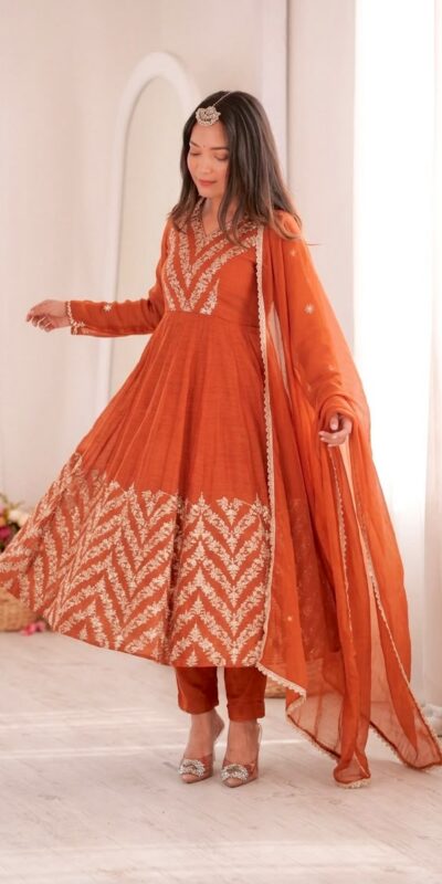 Fancy Orange Crunchy Silk Embroider Work Anarkali Suit